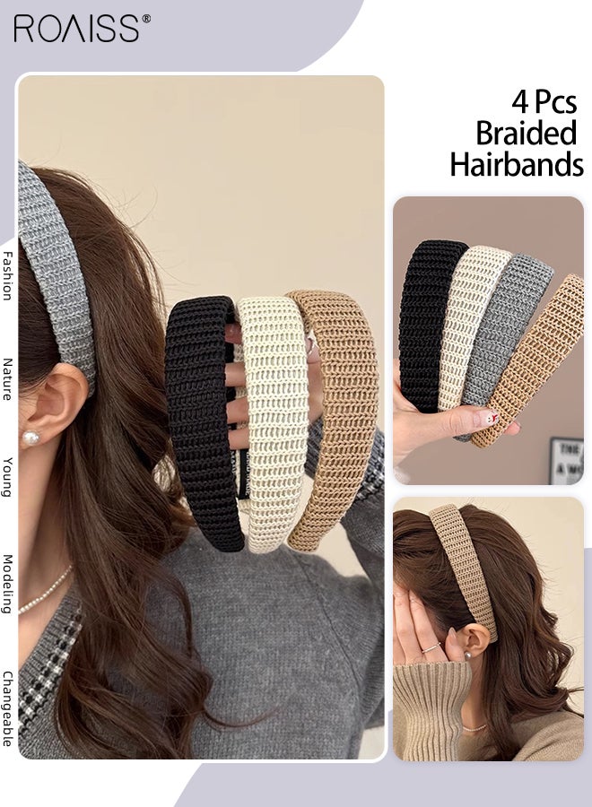 رويس 4 قطع من عصابات الرأس المضفرة بلون واحد، عصابات شعر عصرية مرنة غير قابلة للانزلاق، إكسسوارات شعر بسيطة وأنيقة ومتعددة الاستخدامات، مناسبة للارتداء اليومي للنساء - Image 1