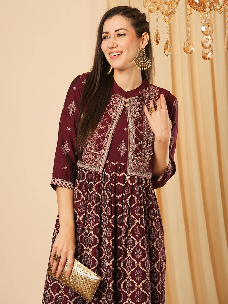 جلو باص Women Ethnic Printed A-Line Midi Ethnic Dress With Sleeveless Detachable Koti