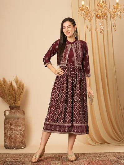 جلو باص Women Ethnic Printed A-Line Midi Ethnic Dress With Sleeveless Detachable Koti