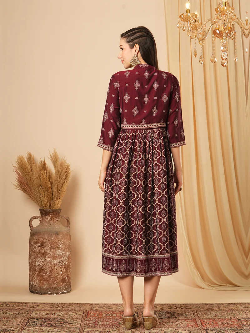 جلو باص Women Ethnic Printed A-Line Midi Ethnic Dress With Sleeveless Detachable Koti