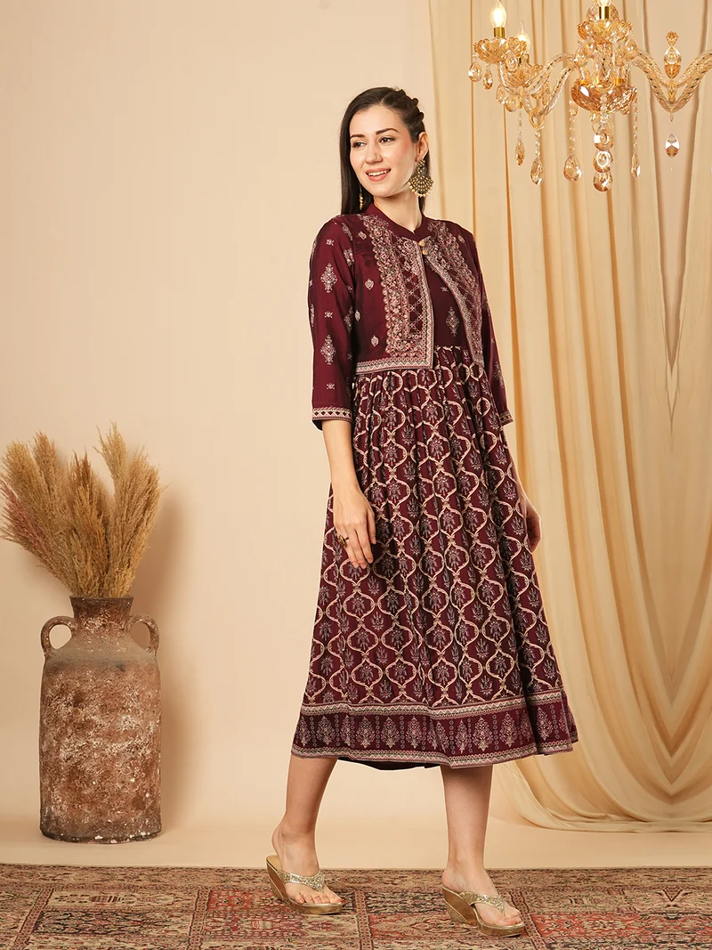 جلو باص Women Ethnic Printed A-Line Midi Ethnic Dress With Sleeveless Detachable Koti