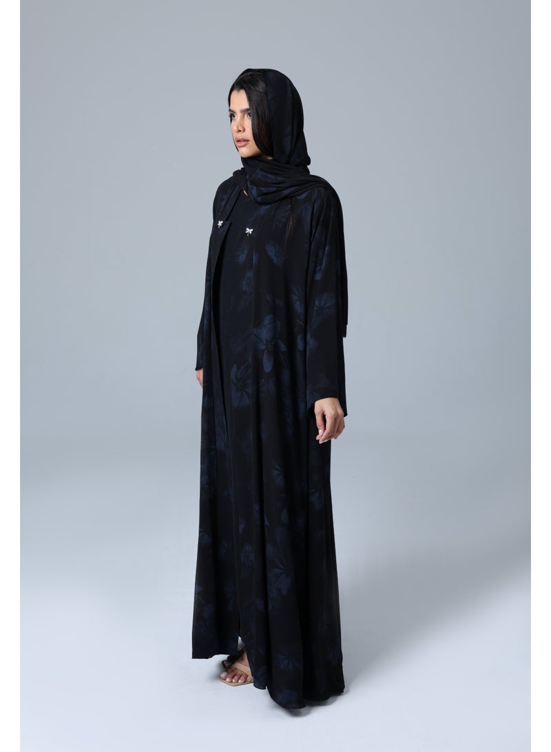 اكسا عباية مفتوحة من الامام عنق بليزر ورود ازرق - Image 2