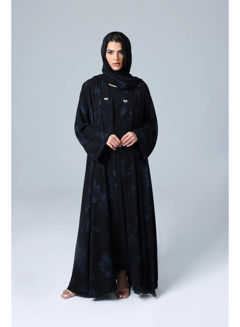 IKKXA Open Blazer Neck Blue Prints Abaya