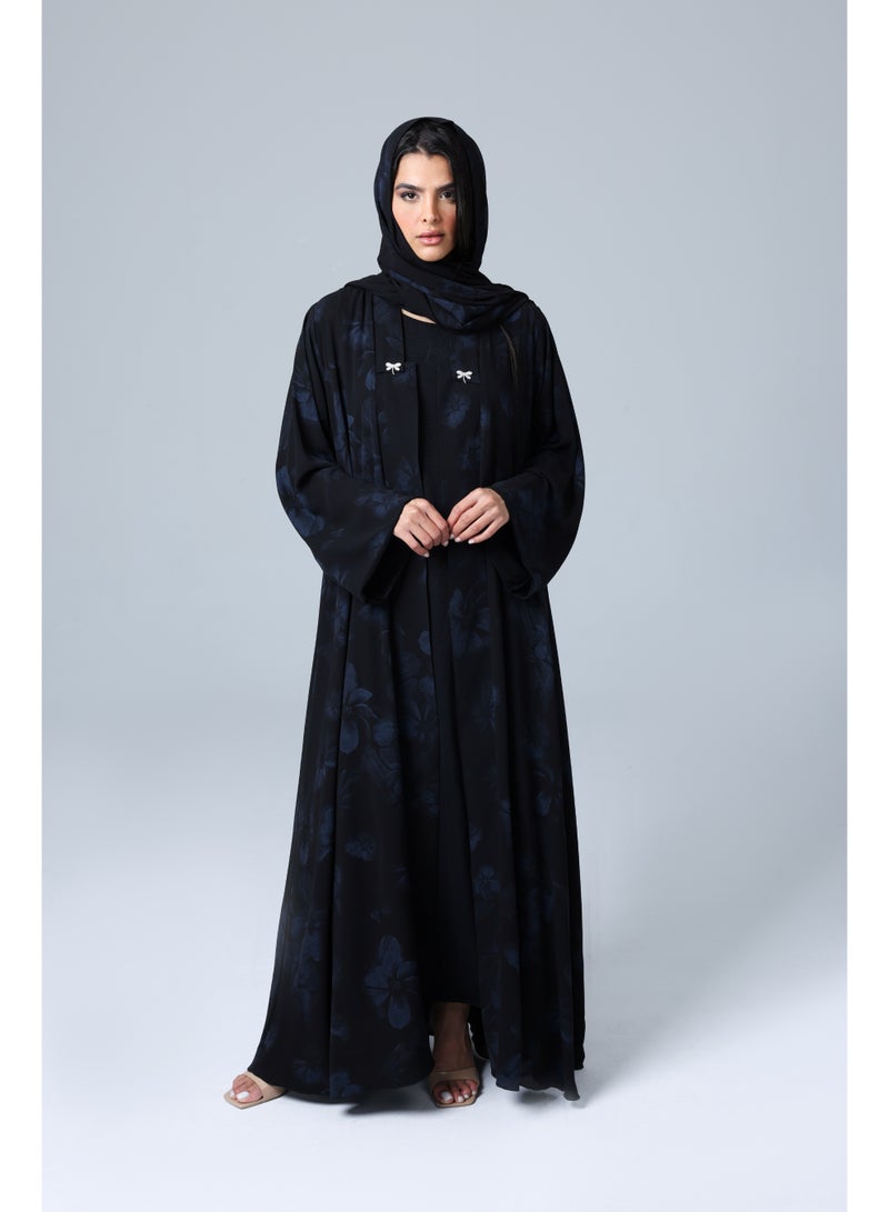 اكسا عباية مفتوحة من الامام عنق بليزر ورود ازرق - Image 1