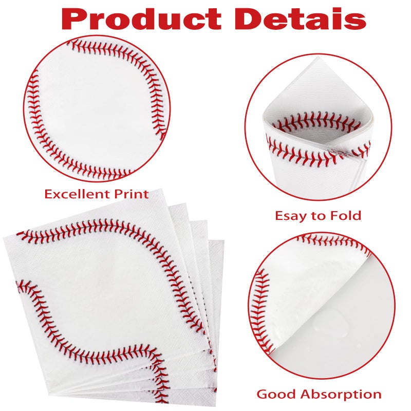 Adecortalk 60 Pack Baseball Napkins 13 x 13 Inches 3 Ply Disposable Paper Napkins Baseball Pattern Disposable Napkins for Baseball Birthday Sports Theme Luncheon Party Supplies Baby Shower Wedding Party Favors - Image 3