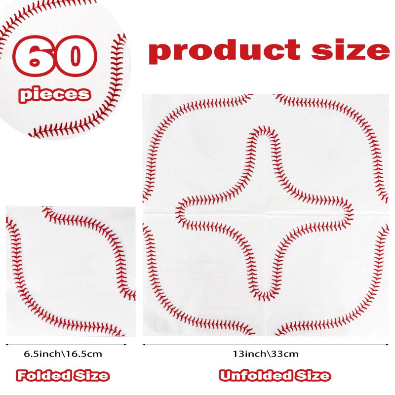 Adecortalk 60 Pack Baseball Napkins 13 x 13 Inches 3 Ply Disposable Paper Napkins Baseball Pattern Disposable Napkins for Baseball Birthday Sports Theme Luncheon Party Supplies Baby Shower Wedding Party Favors - Image 2