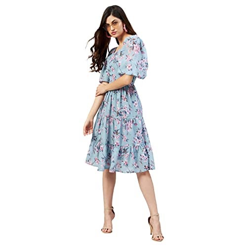 RARE Women Casual Fit and Flare Sea Green Colour Above The Knee Floral Dress (XL) - Image 1