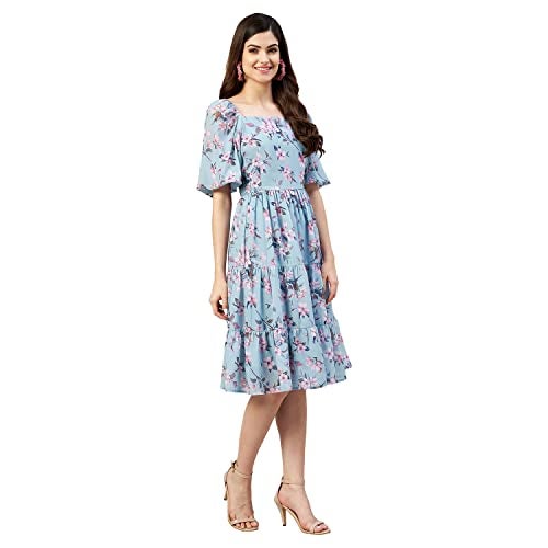 RARE Women Casual Fit and Flare Sea Green Colour Above The Knee Floral Dress (XL) - Image 3