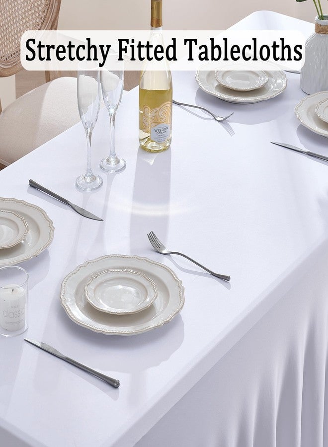 Htper 3 Pack White Spandex Table Clothes for 8 Foot Rectangle Tables, Wrinkle Free Fitted Tablecloths 8ft Stretchy Table Cloths Cover Skirt for Parties Weddings Birthday Banquet Baby Shower - Image 2