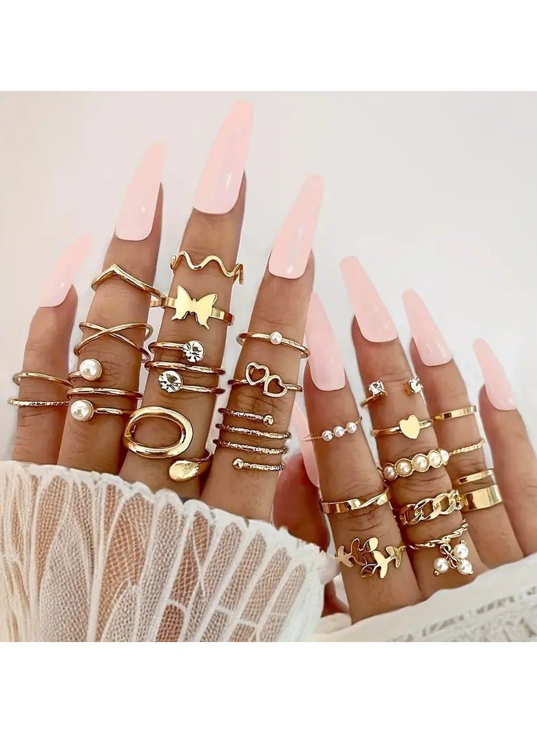 Goolsky 10pcs Chic Stacking Ring Set - Durable Alloy Construction, Trendy Chain, Leaf & Flower Designs in Golden or Silvery Finish for Everyday Fashion - Image 3