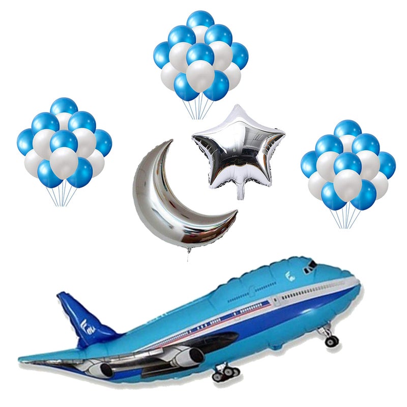 Balloonistics Masti Zone 3 Pcs Aeroplane/Airplane Foil Balloons with 1 Pcs Moon Star Foil and 50 Blue White Balloons For Birthday AeroplaneTheme Party Decoration Boys,Kids,Girls (Aeroplane Set 5) - Image 3