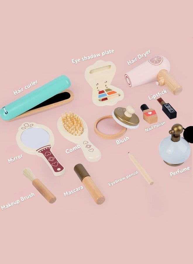SHABILI 14PCS Wooden Princess Makeup Toy Set for Girls – Pretend Beauty Play Kit with Mirror, Hair Dryer, Lipstick, Blush, Comb, Nail Polish, Perfume and More – Educational Gift for Kids Age 3+ (Pink) - Image 3
