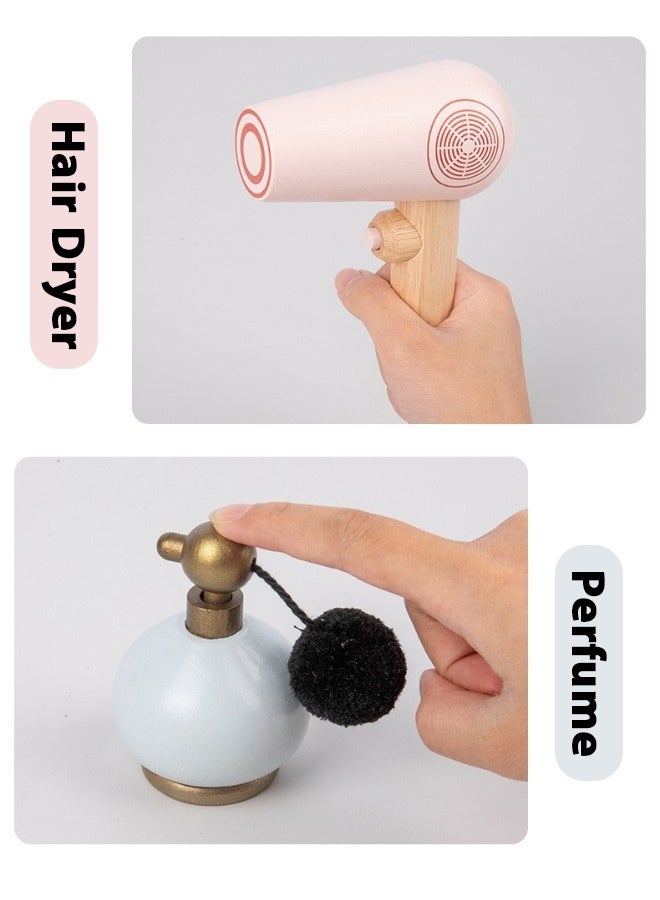 SHABILI 14PCS Wooden Princess Makeup Toy Set for Girls – Pretend Beauty Play Kit with Mirror, Hair Dryer, Lipstick, Blush, Comb, Nail Polish, Perfume and More – Educational Gift for Kids Age 3+ (Pink) - Image 5