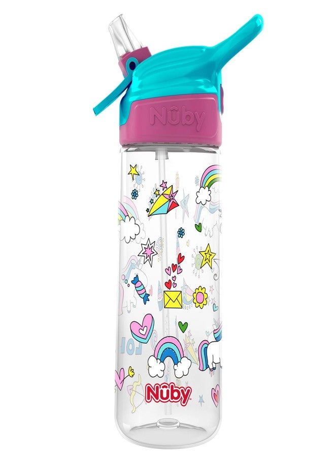 Nuby Push Button Flip-it Soft Spout Tritan Water Bottle, Pink Unicorns, 18 Oz - Image 1