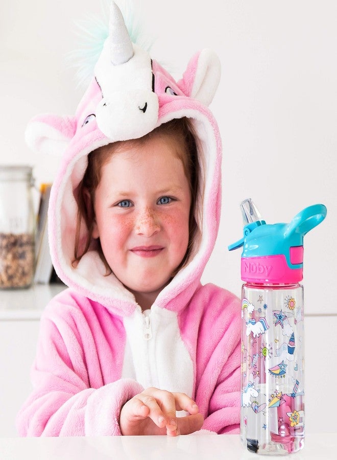 Nuby Push Button Flip-it Soft Spout Tritan Water Bottle, Pink Unicorns, 18 Oz - Image 2