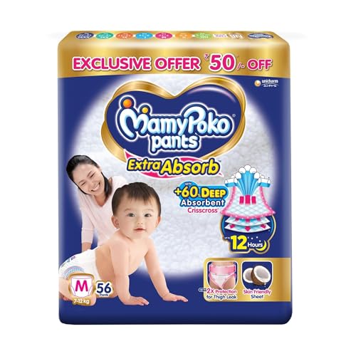 MamyPoko Pants Extra Absorb Baby Diapers, Medium (M Size) | 7-12 kg | 56 Count |Deep Sleep Diapers| Soft Gentle fit |Deep Absorbent Crisscross | Skin Friendly with Coconut Oil | - Image 1
