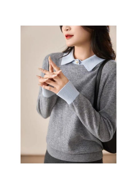 2024 Elegant Color Blocking Lapel Knit Sweater Womens Autumn/winter Full Wool Pullover Sweater Collar gray blue