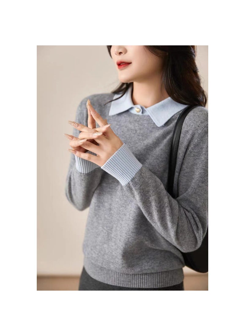 Generic - 2024 Elegant Color Blocking Lapel Knit Sweater Womens Autumn/winter Full Wool Pullover Sweater Collar gray blue - Image 1