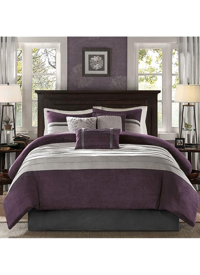 madison park - Palmer Comforter Set Faux Suede Design Striped Accent All Season Down Alternative Bedding Matching Shams Decorative Pillow Bed Skirt King 104 In X 92 In Purple 7 Piece - Image 1