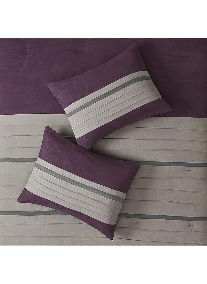 madison park - Palmer Comforter Set Faux Suede Design Striped Accent All Season Down Alternative Bedding Matching Shams Decorative Pillow Bed Skirt King 104 In X 92 In Purple 7 Piece - Image 1
