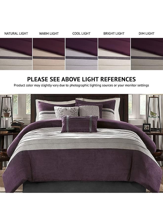 madison park - Palmer Comforter Set Faux Suede Design Striped Accent All Season Down Alternative Bedding Matching Shams Decorative Pillow Bed Skirt King 104 In X 92 In Purple 7 Piece - Image 1