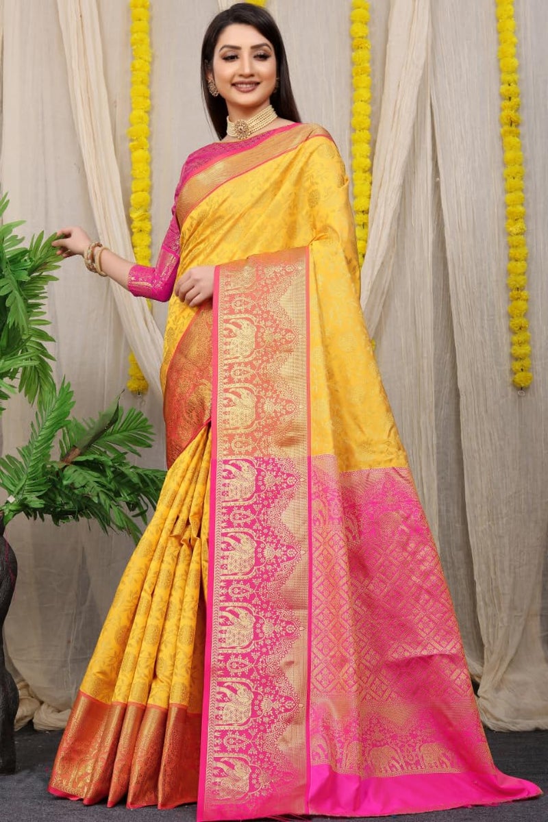 AMIRAT Women Kanchipuram Silk Woven Zari Saree | Kanjeevaram Silk Sari With Contrast Border And Blouse (Yellow) - Image 2