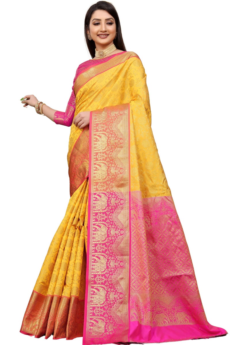 AMIRAT Women Kanchipuram Silk Woven Zari Saree | Kanjeevaram Silk Sari With Contrast Border And Blouse (Yellow) - Image 1