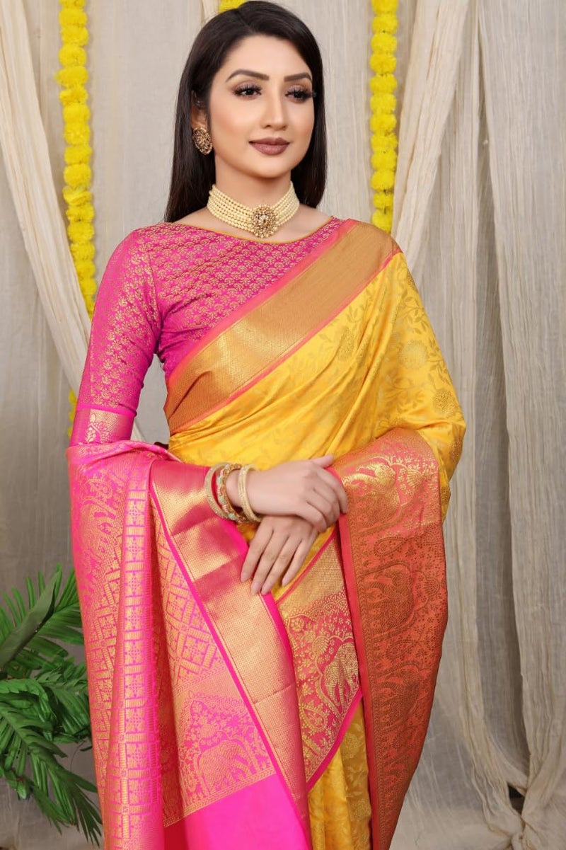 AMIRAT Women Kanchipuram Silk Woven Zari Saree | Kanjeevaram Silk Sari With Contrast Border And Blouse (Yellow) - Image 4