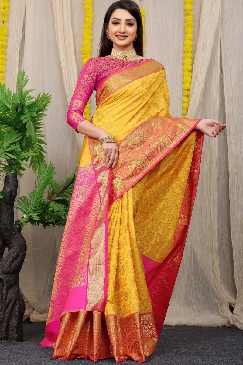 AMIRAT Women Kanchipuram Silk Woven Zari Saree | Kanjeevaram Silk Sari With Contrast Border And Blouse (Yellow) - Image 3