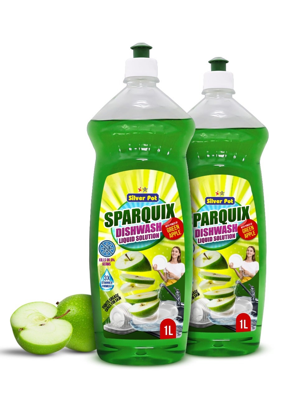 Silver Pot Dishwashing Liquid 2 X 1L – Ultra Concentrated Formula with Refreshing Green Apple Scent,Tough on grease, gentle on hands, perfect for daily use