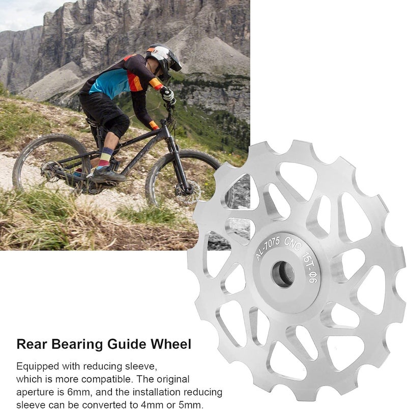 cheekyglo Rear Derailleur Pulley, 15T Mountain Bicycle Jockey Wheel Rear Derailleur Steel Bearing Guide Roller Pulley Bike Derailleur Accessory Silver - Image 2