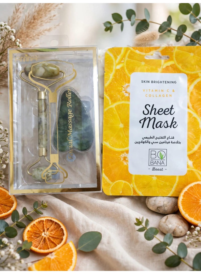 Instant Radiance Package: Pamper your skin with the ultimate duo of care: Massage Roller + Natural Gua Sha Stone - stimulates blood circulation and reduces puffiness and fine lines • Bobana Mask with Vitamin C and Collagen - natural brightening and radiance from the first use. Just 10 minutes of routine = firm, glowing skin, like you just stepped out of a spa. Order now and let your skin speak for itself. - Image 2
