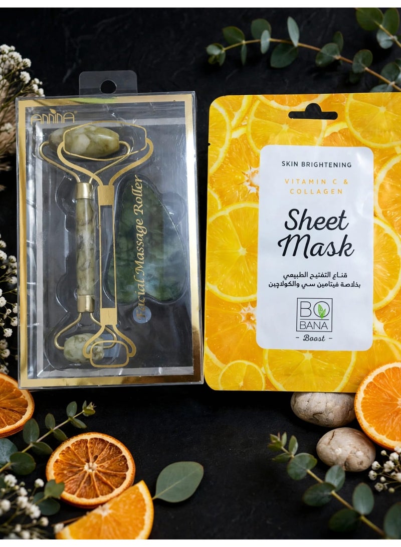Instant Radiance Package: Pamper your skin with the ultimate duo of care: Massage Roller + Natural Gua Sha Stone - stimulates blood circulation and reduces puffiness and fine lines • Bobana Mask with Vitamin C and Collagen - natural brightening and radiance from the first use. Just 10 minutes of routine = firm, glowing skin, like you just stepped out of a spa. Order now and let your skin speak for itself. - Image 1