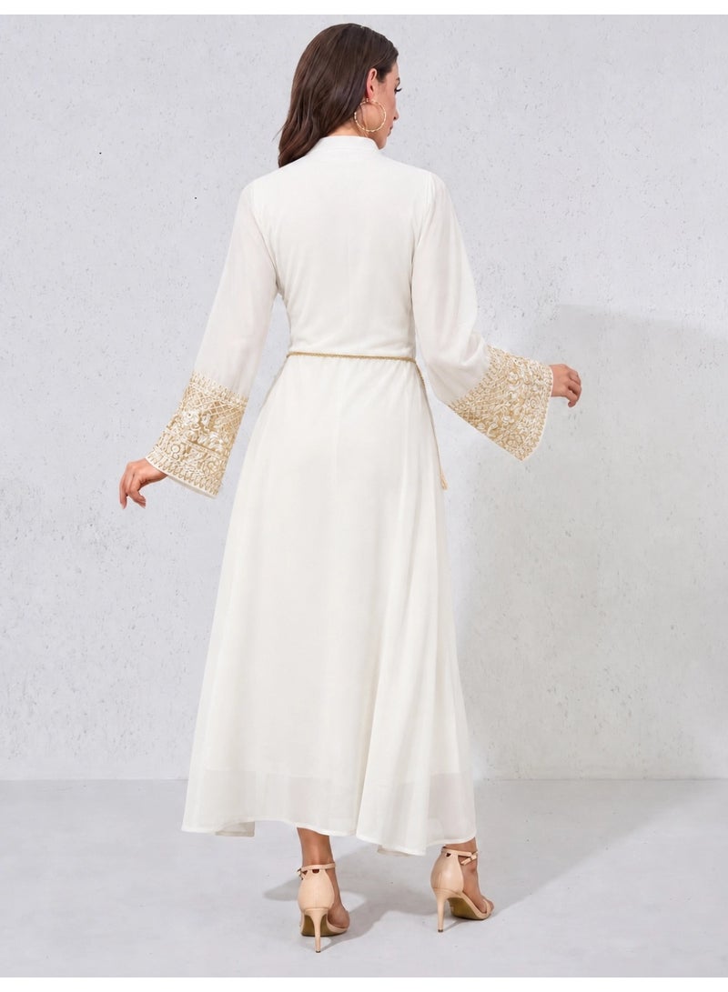 Kaiyuede Women's White Embroidered Jalabiya with Tassels and Belt - Image 2