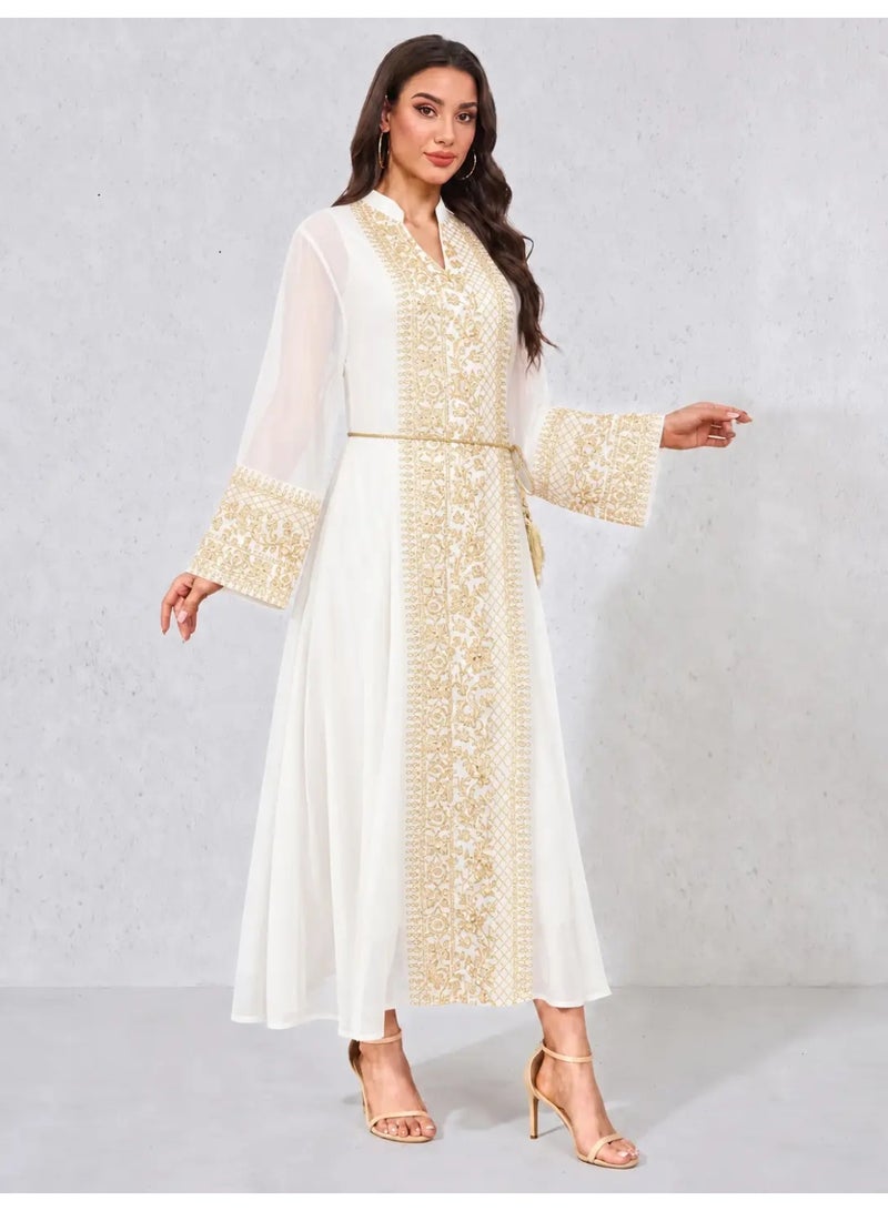 Kaiyuede Women's White Embroidered Jalabiya with Tassels and Belt - Image 1