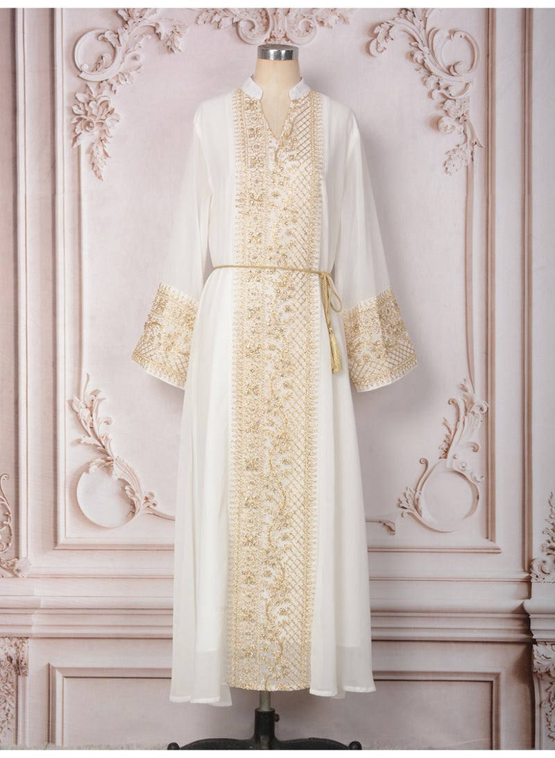 Kaiyuede Women's White Embroidered Jalabiya with Tassels and Belt - Image 4