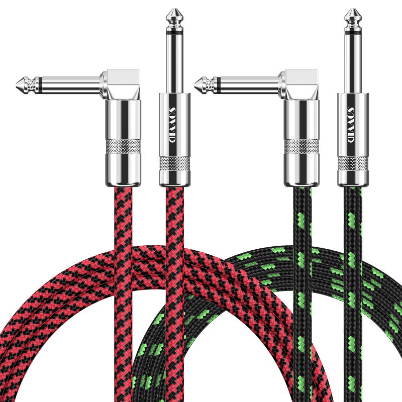 Sovvid 10FT 2 Pack Instrument Cable - Electric Guitar & Bass Guitar Cable with Right Angle 1/4 Inch Connectors, Green and Red - Image 1
