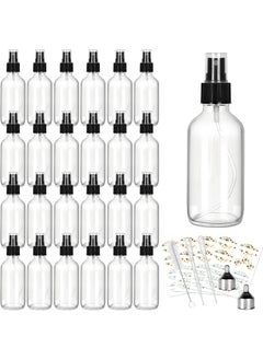 CycleMore CycleMore 25 Pack 4oz Clear Glass Spray Bottles with Fine Mist Sprayers, Glass Travel Bottles for Cosmetic Essential Oils Cleaning Solutions Perfumes & More Liquids (1 Brush, 2 Funnels and 36 Labels) 