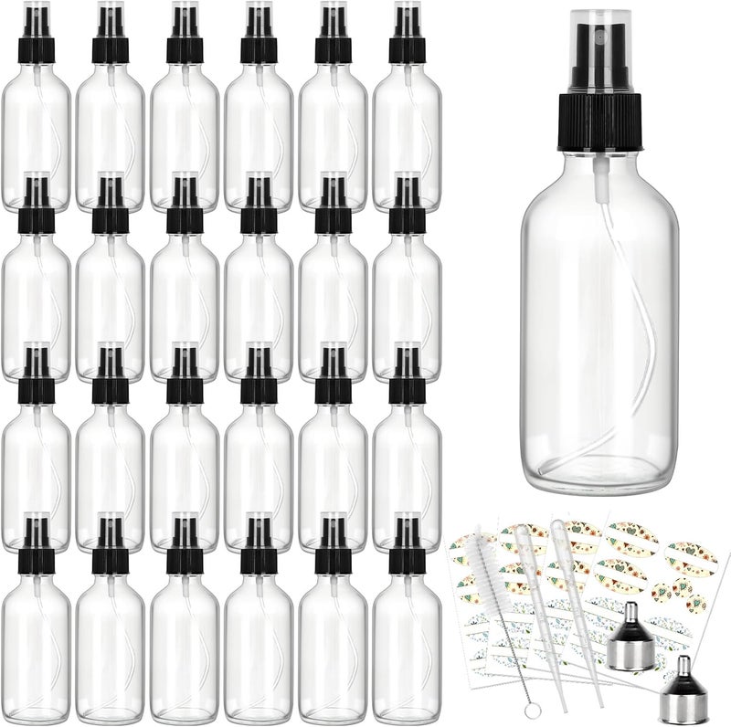CycleMore CycleMore 25 Pack 4oz Clear Glass Spray Bottles with Fine Mist Sprayers, Glass Travel Bottles for Cosmetic Essential Oils Cleaning Solutions Perfumes & More Liquids (1 Brush, 2 Funnels and 36 Labels) 