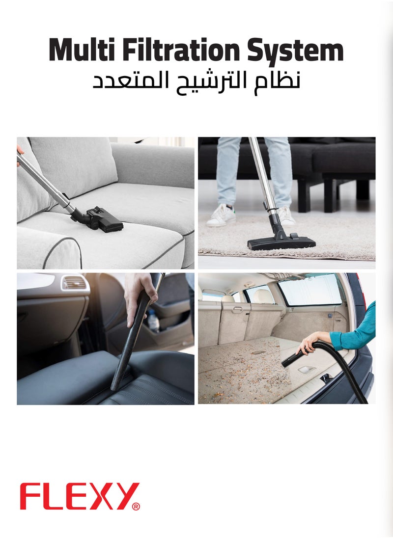 فليكسي - مكنسة كهربائية بمحرك 2200 واط، خزان حديدي سعة 18 لتر، وظيفة النفخ، ترشيح متعدد، مؤشر امتلاء الغبار، عجلات دوارة 360 درجة، تحكم في تدفق الهواء، التخلص السهل، ضمان لمدة عامين - Image 1