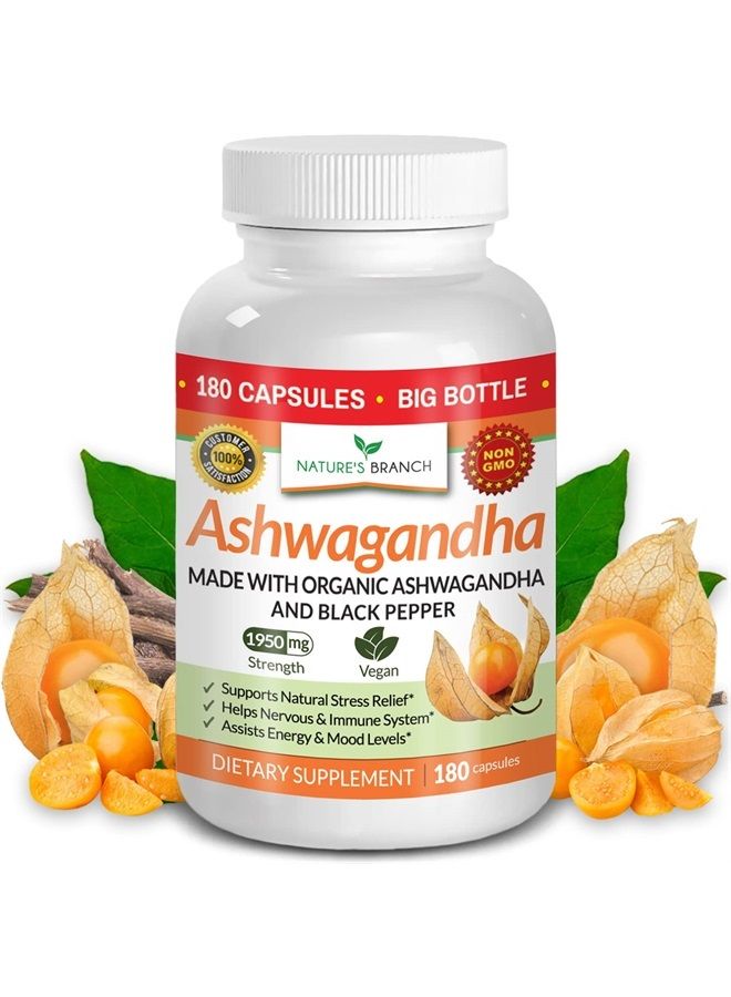 Nature's Branch Organic Ashwagandha with Black Pepper - 180 Capsules - 1950mg Maximum Strength for Stress and Mood Support, Sleep, Thyroid, Energy, Hair Pure Root Extract Powder - Vegan Supplements for Men and Women - Image 1