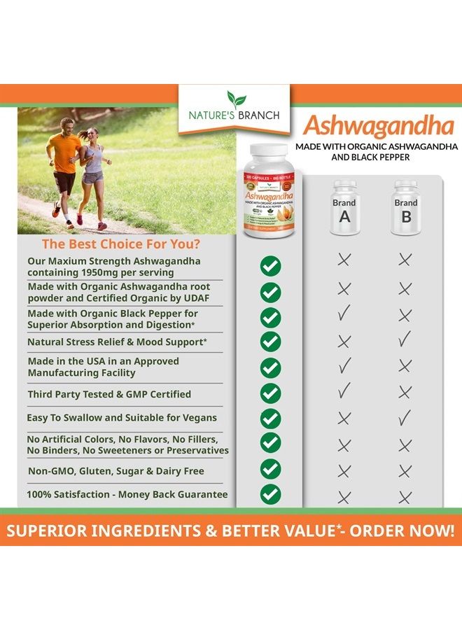 Nature's Branch Organic Ashwagandha with Black Pepper - 180 Capsules - 1950mg Maximum Strength for Stress and Mood Support, Sleep, Thyroid, Energy, Hair Pure Root Extract Powder - Vegan Supplements for Men and Women - Image 5