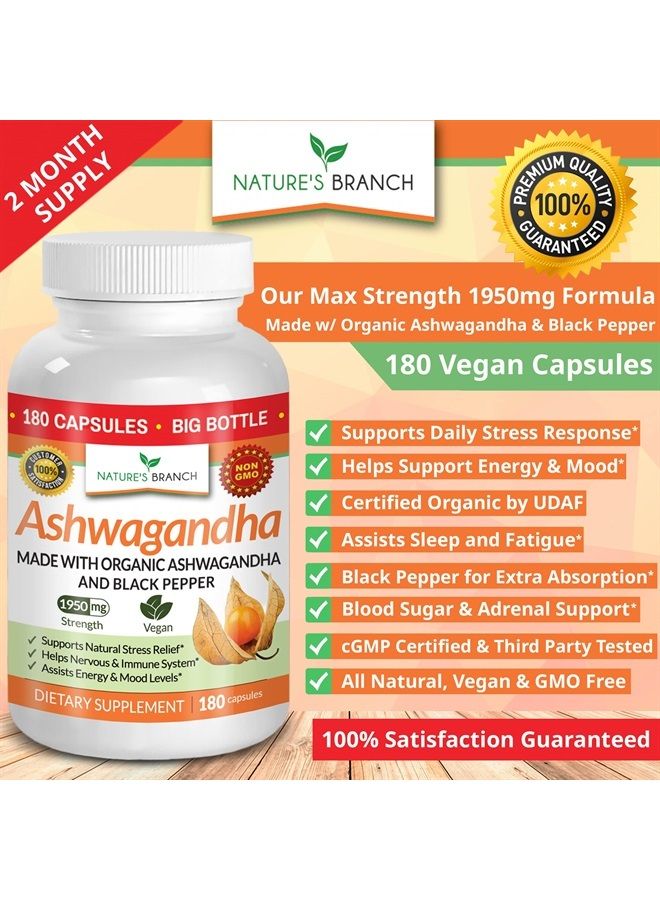 Nature's Branch Organic Ashwagandha with Black Pepper - 180 Capsules - 1950mg Maximum Strength for Stress and Mood Support, Sleep, Thyroid, Energy, Hair Pure Root Extract Powder - Vegan Supplements for Men and Women - Image 3