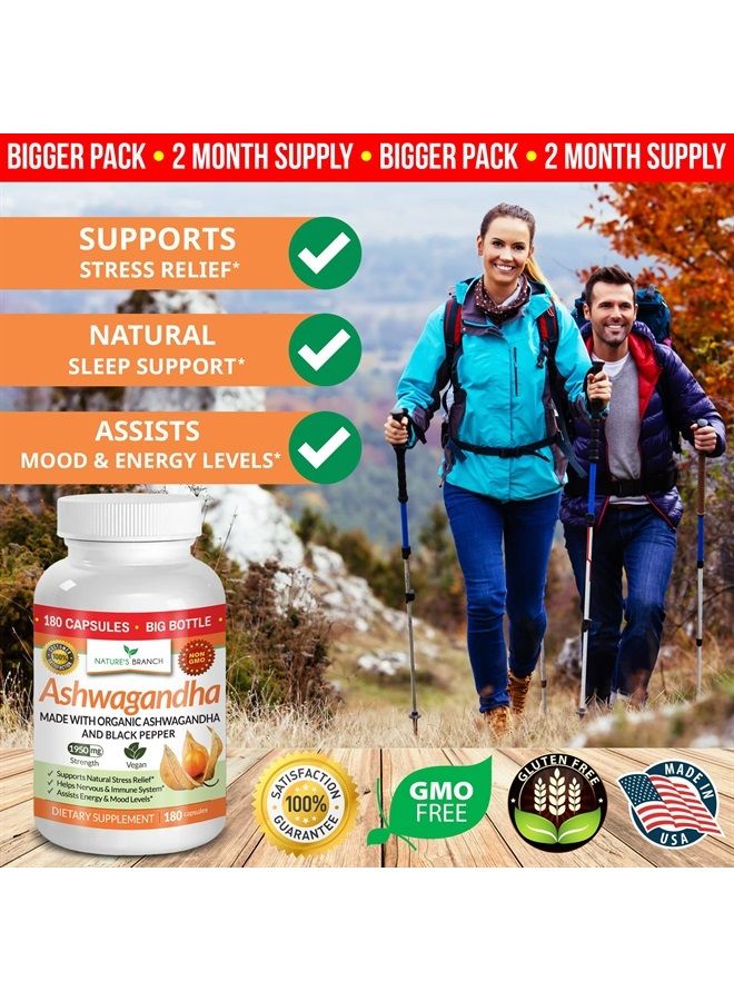 Nature's Branch Organic Ashwagandha with Black Pepper - 180 Capsules - 1950mg Maximum Strength for Stress and Mood Support, Sleep, Thyroid, Energy, Hair Pure Root Extract Powder - Vegan Supplements for Men and Women - Image 4