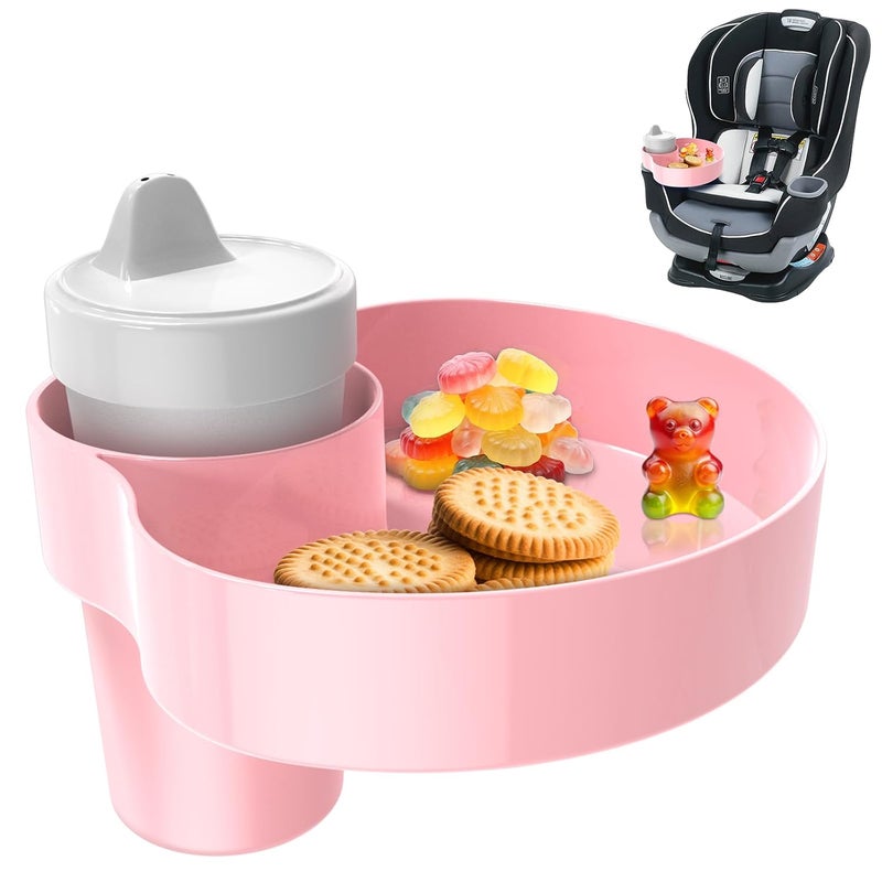 PPTSLID Car Seat Snack Tray: Travel Tray for Kids Carseat Cup Holder with Food Trays, Stroller Snacks Plate for Toddlers, Kid Road Trip Essentials, Pink - Image 1