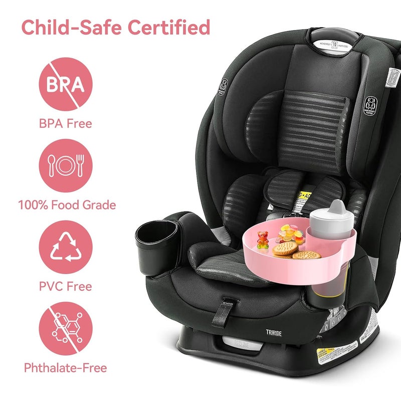 PPTSLID Car Seat Snack Tray: Travel Tray for Kids Carseat Cup Holder with Food Trays, Stroller Snacks Plate for Toddlers, Kid Road Trip Essentials, Pink - Image 2