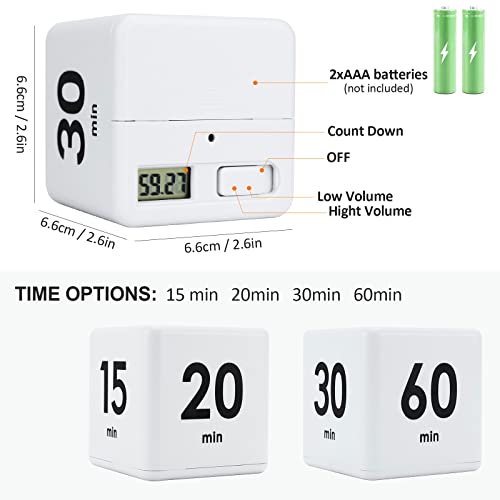 Feilifan Kitchen Cube Timer, Kids Timer for ADHD Productivity Workout Flip Classroom for StudyTime Countdown Management Settings 15 20 30 60 Mins, White - Image 2
