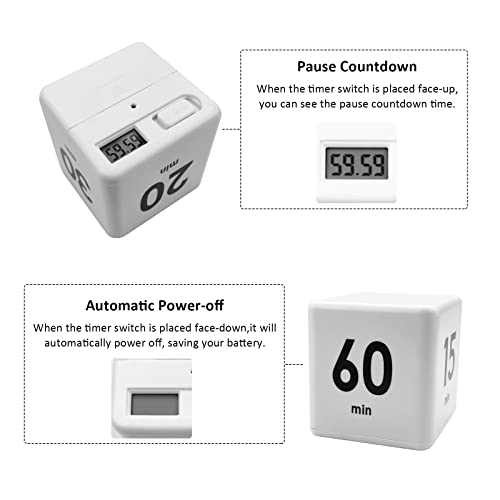 Feilifan Kitchen Cube Timer, Kids Timer for ADHD Productivity Workout Flip Classroom for StudyTime Countdown Management Settings 15 20 30 60 Mins, White - Image 4