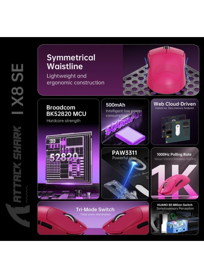 Attack Shark X8SE Wireless Gaming Mouse, Adjustable 25K DPI PAW3311 Optical Sensor, Ergonomic 59g Lightweight, Triple Modes 2.4G/BT/USB-C, 500mAH Battery, 5 Programmable Buttons for PC/Mac- Berry Red - Image 5