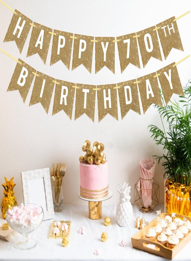 Netnology Pre-Strung Gold Happy 70th Birthday Banner Decorations,12 ft No DIY Gold Glitter 70th Birthday Party Banner Sign Decor for Women Men Girl Boy Party Supplies - Image 4